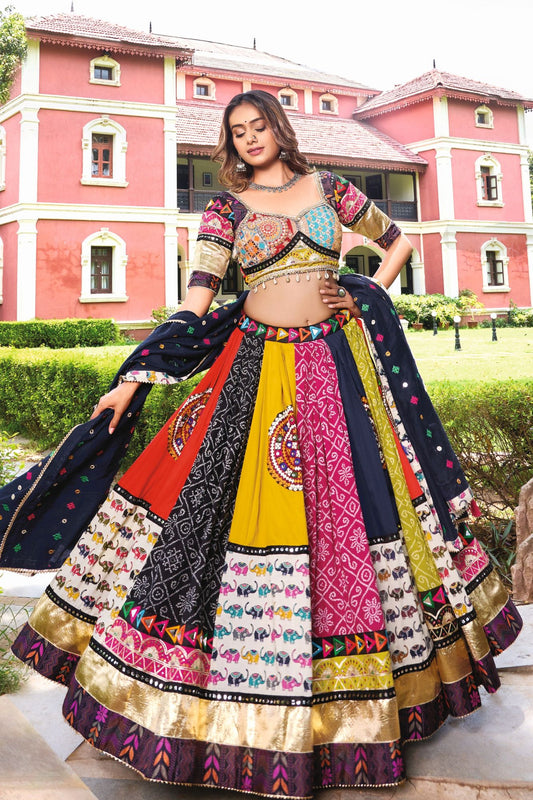 Multicolour Patchwork Navratri Chaniya Choli with Mirror & Elephant Print Detailing