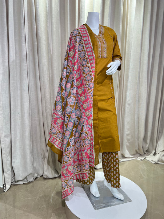 Mustard Cotton Blend Comfort Fit Suit Set