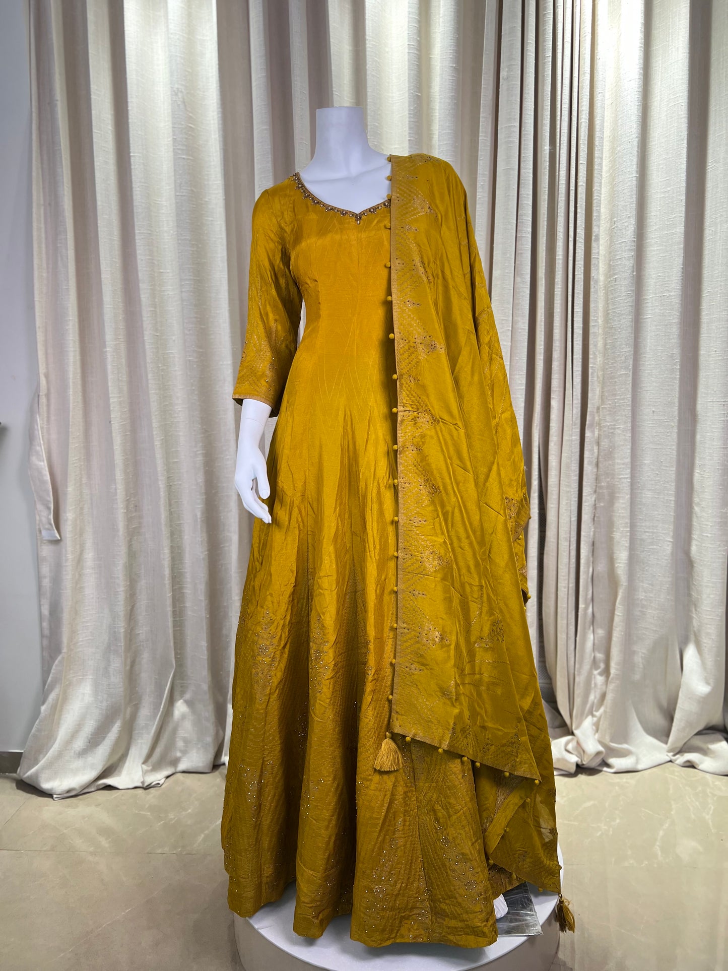 Mustard Yellow Anarkali Gown with Embellished Dupatta
