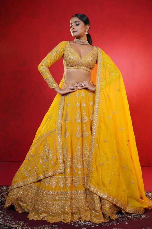 Mustard Yellow Crepe Lehenga with Intricate Zardosi Embroidery