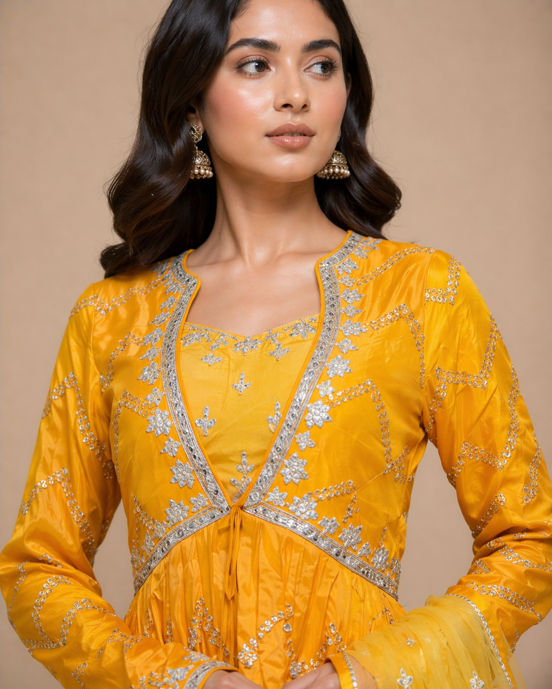 Mustard Yellow Embroidered Anarkali Lehenga Set with Jacket & Net Dupatta