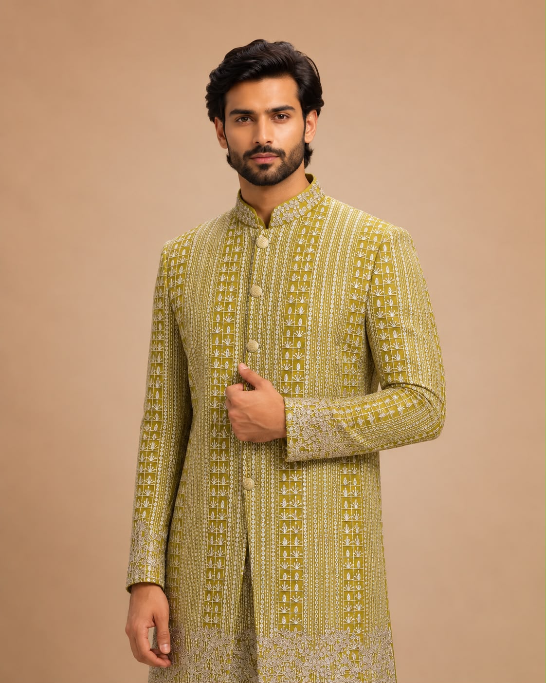 Mustard Yellow Embroidered Indo Western Set with Designer Sherwani Jacket