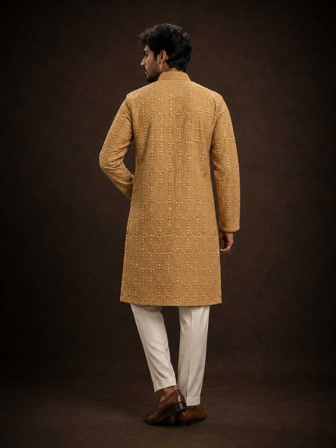 Mustard Yellow Embroidered Kurta for Men with Geometric Sequin Work