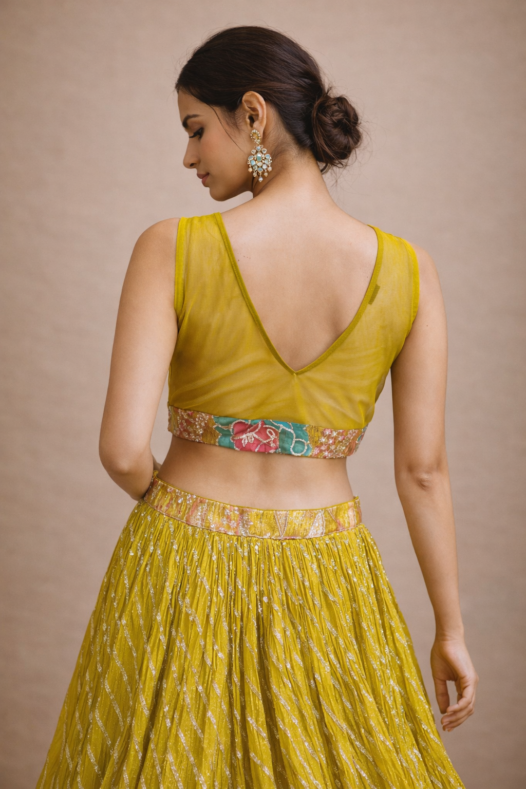 Mustard Yellow Embroidered Lehenga Choli with Floral Blouse, Sequin Work Skirt & Sheer Jacket