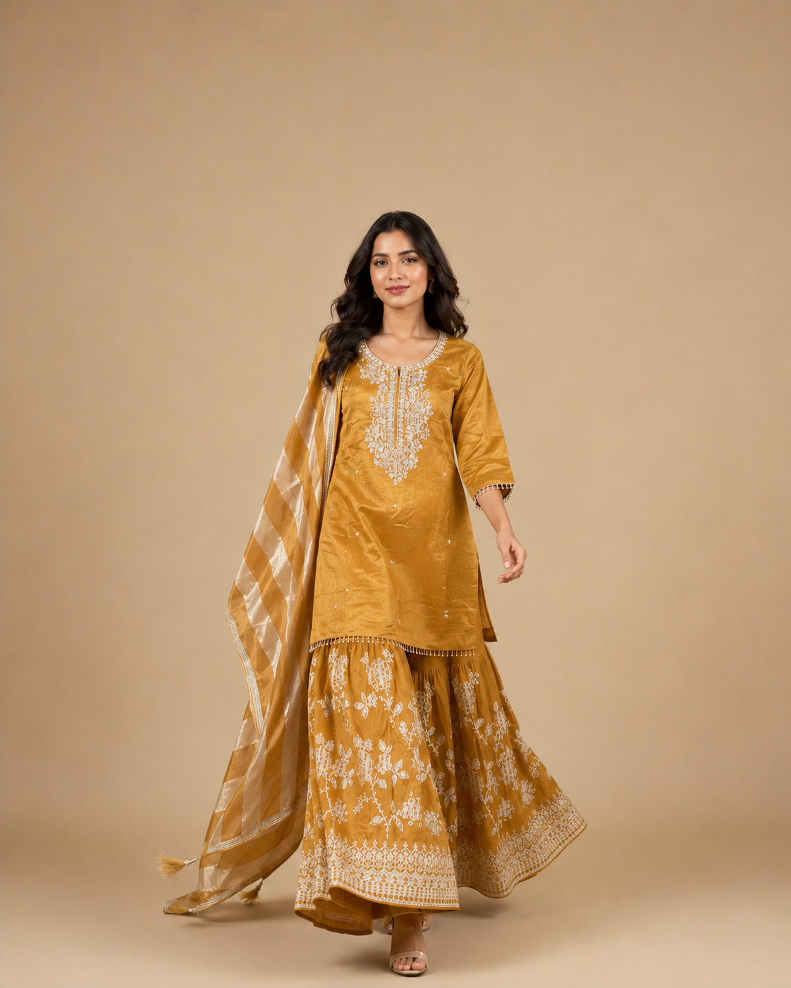 Mustard Yellow Embroidered Silk Kurta Sharara Set
