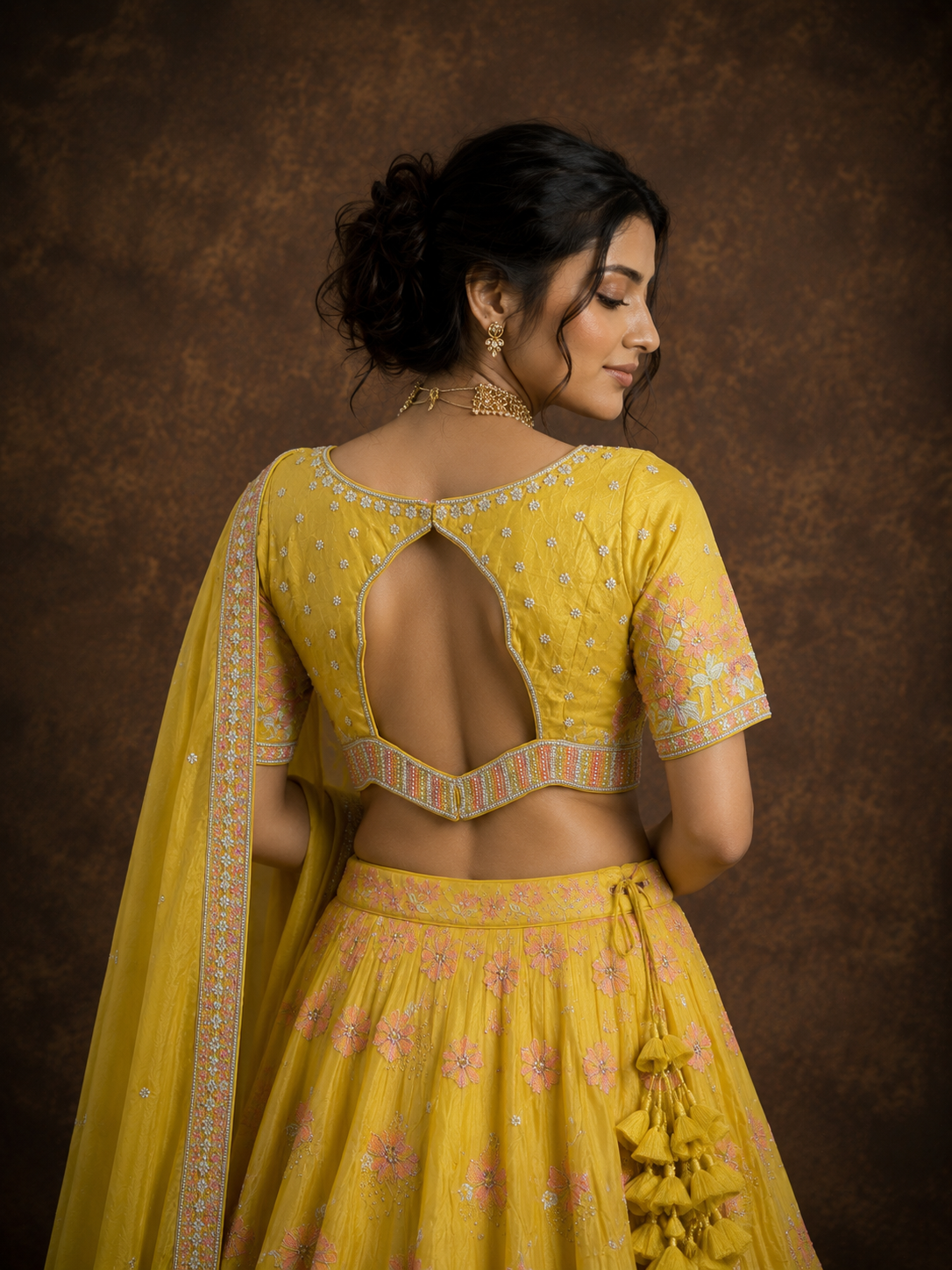 Mustard Yellow Floral Embroidered Silk Lehenga Set