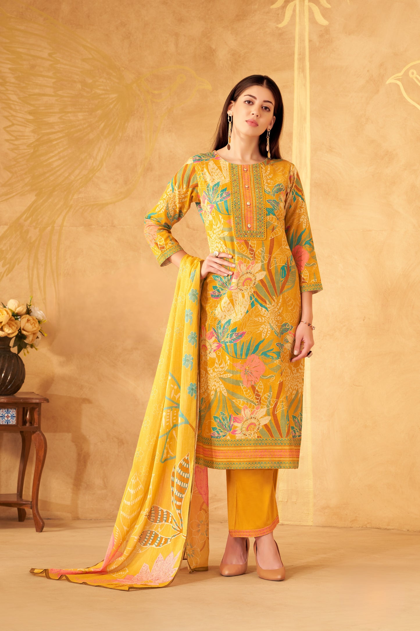 Mustard Yellow Floral Printed Straight Kurta Set with Dupatta