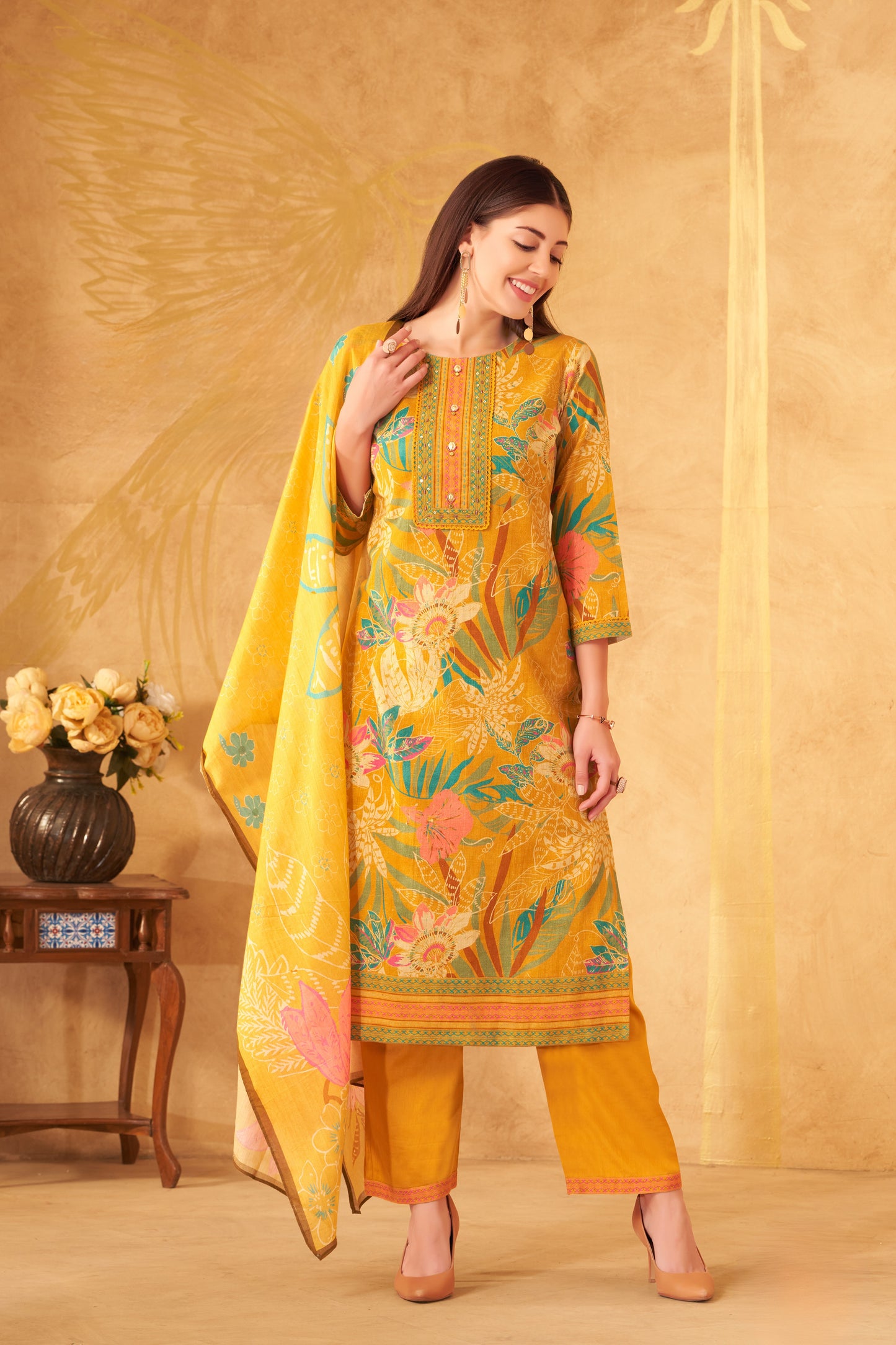 Mustard Yellow Floral Printed Straight Kurta Set with Dupatta