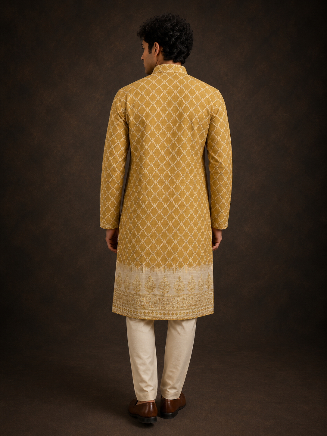 Mustard Yellow Geometric Jacquard Silk Blend Men’s Kurta with Woven Ethnic Border