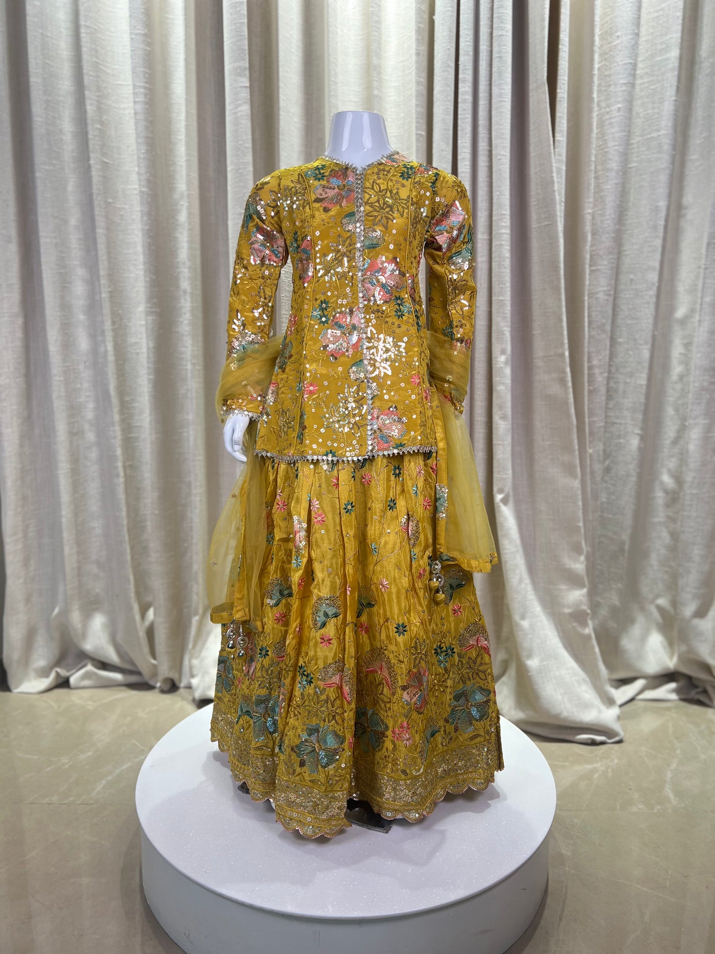 Mustard Yellow Peplum Style Lehenga Set with Floral Embroidery