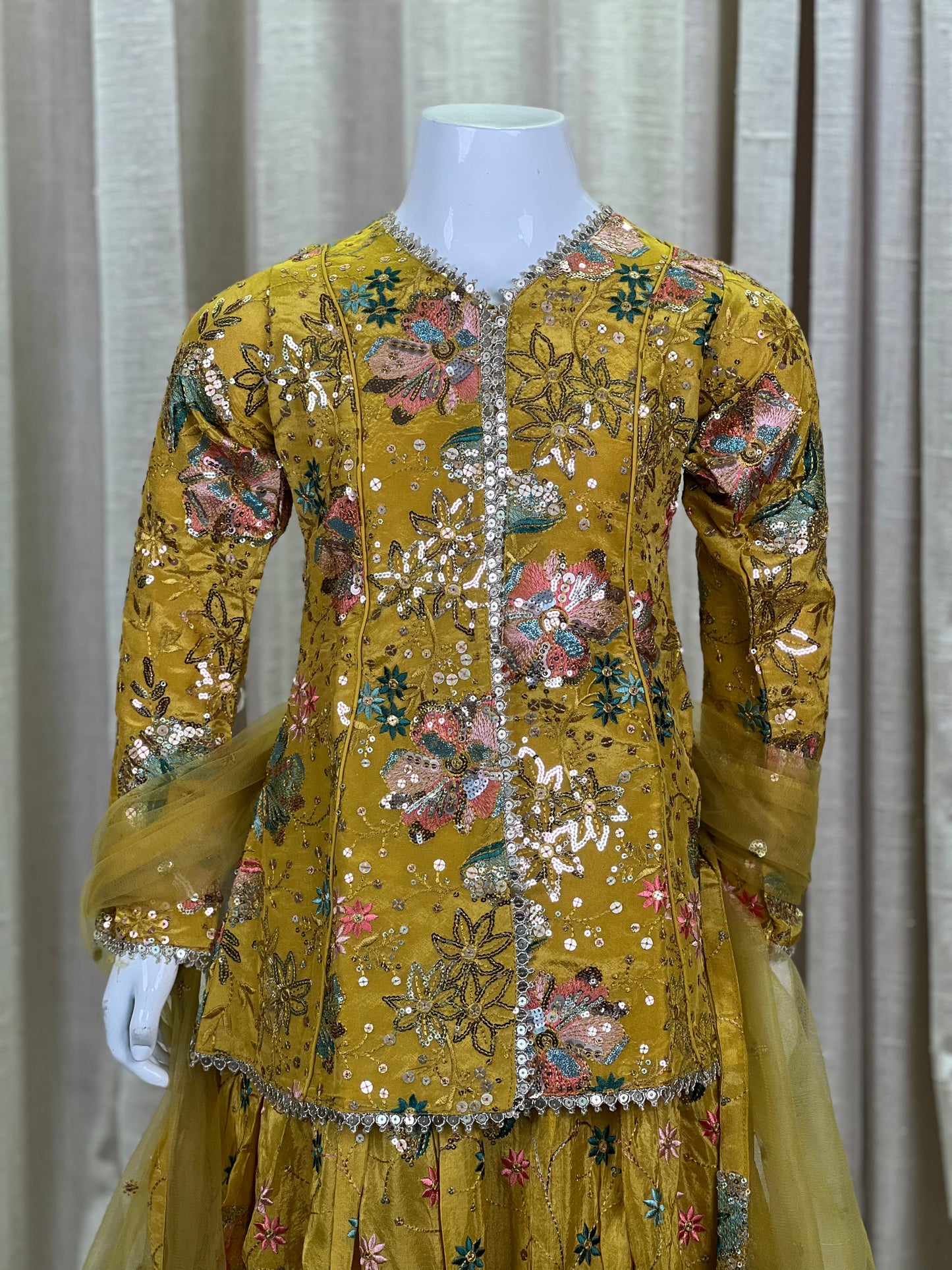 Mustard Yellow Peplum Style Lehenga Set with Floral Embroidery