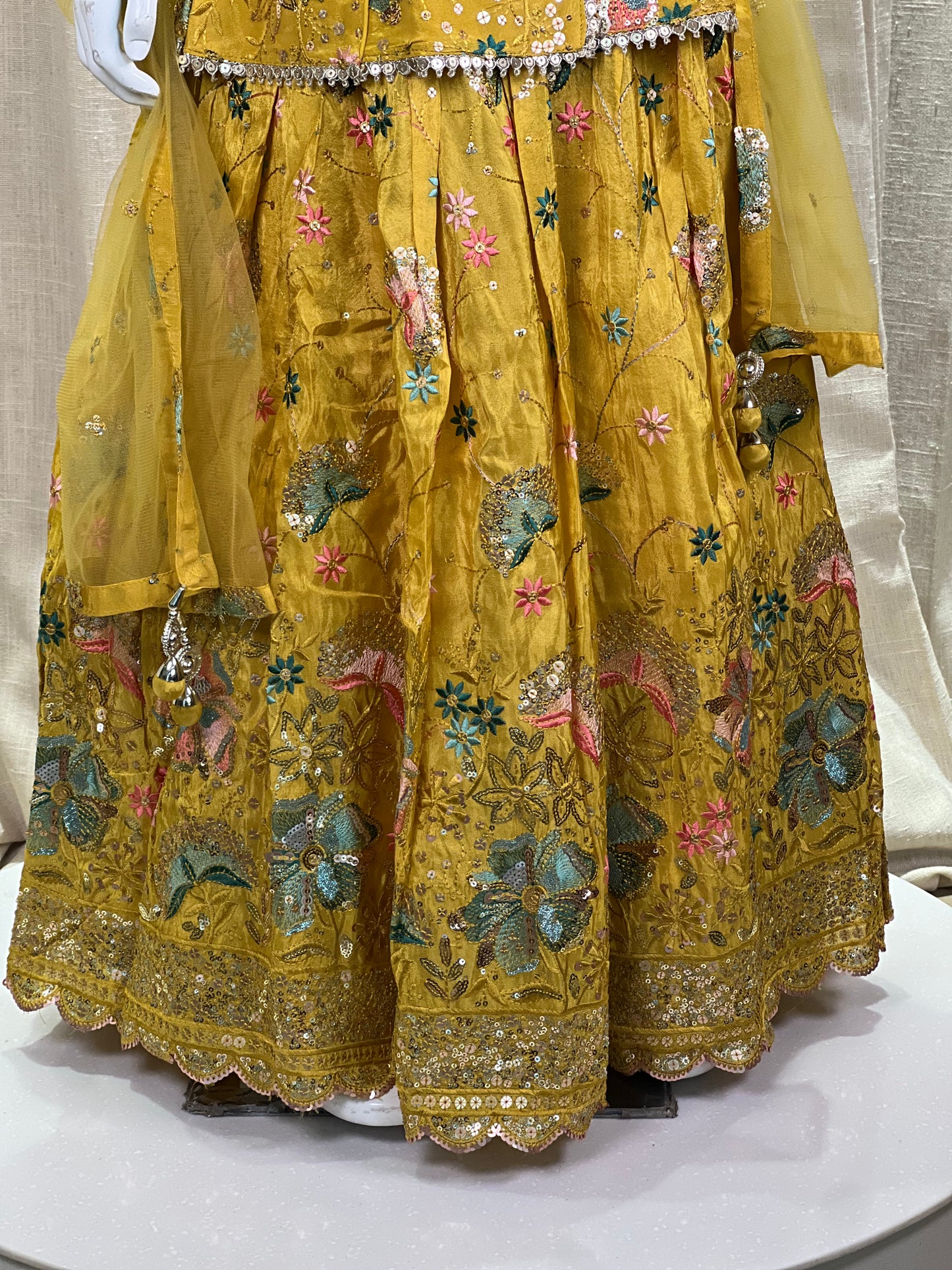 Mustard Yellow Peplum Style Lehenga Set with Floral Embroidery
