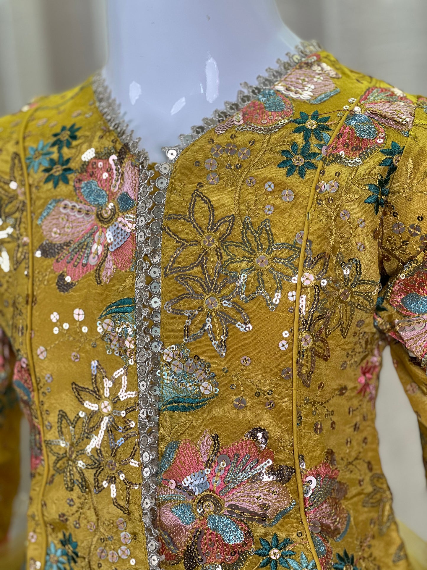 Mustard Yellow Peplum Style Lehenga Set with Floral Embroidery