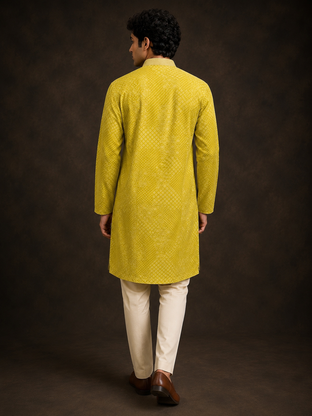 Mustard Yellow Self Pattern Printed Kurta with Tonal Geometric Design