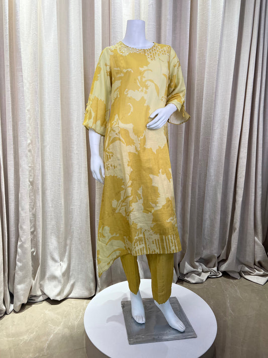 Mustard Yellow & Cream Abstract Print Cotton Kurta Set