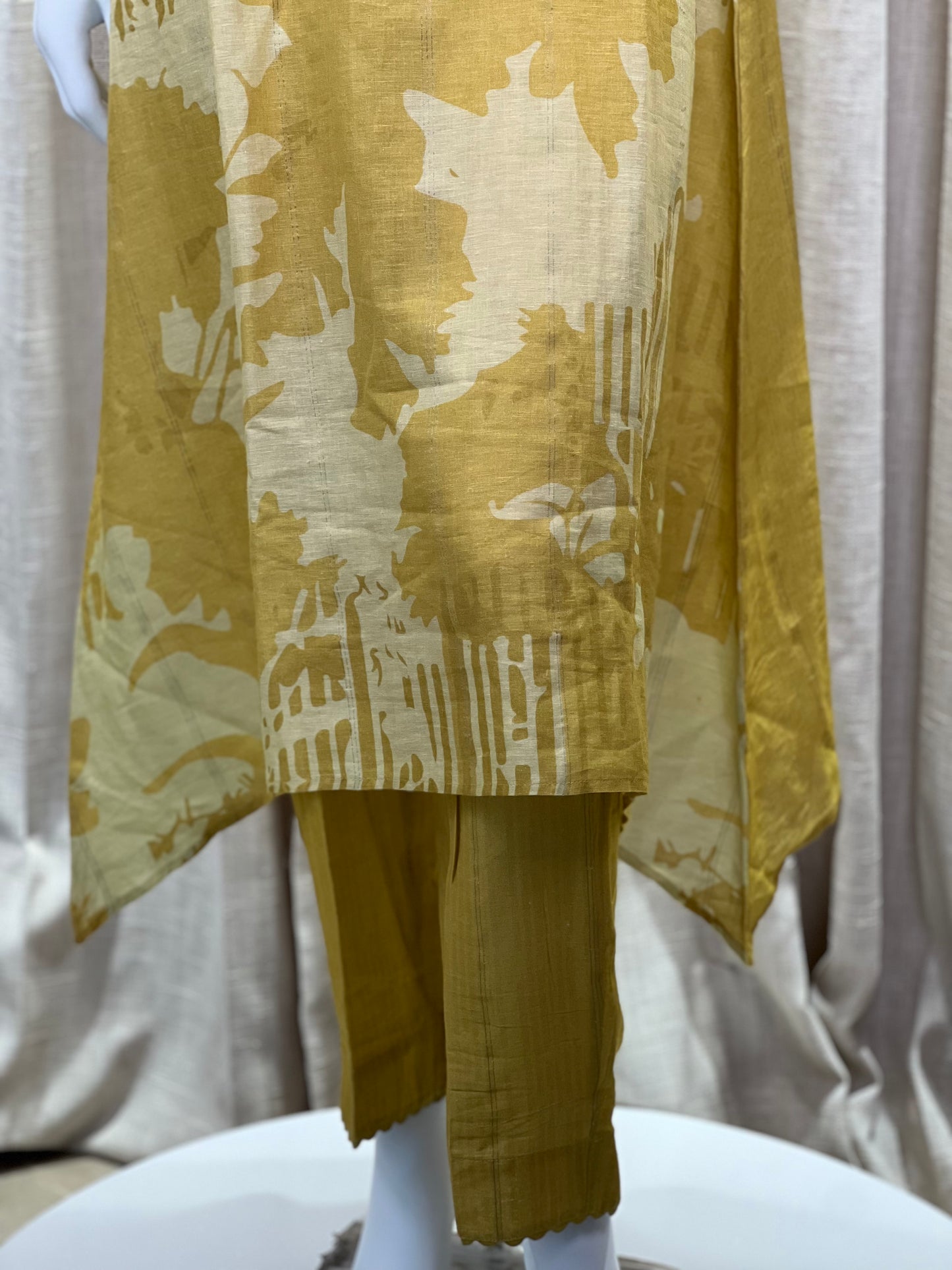 Mustard Yellow & Cream Abstract Print Cotton Kurta Set