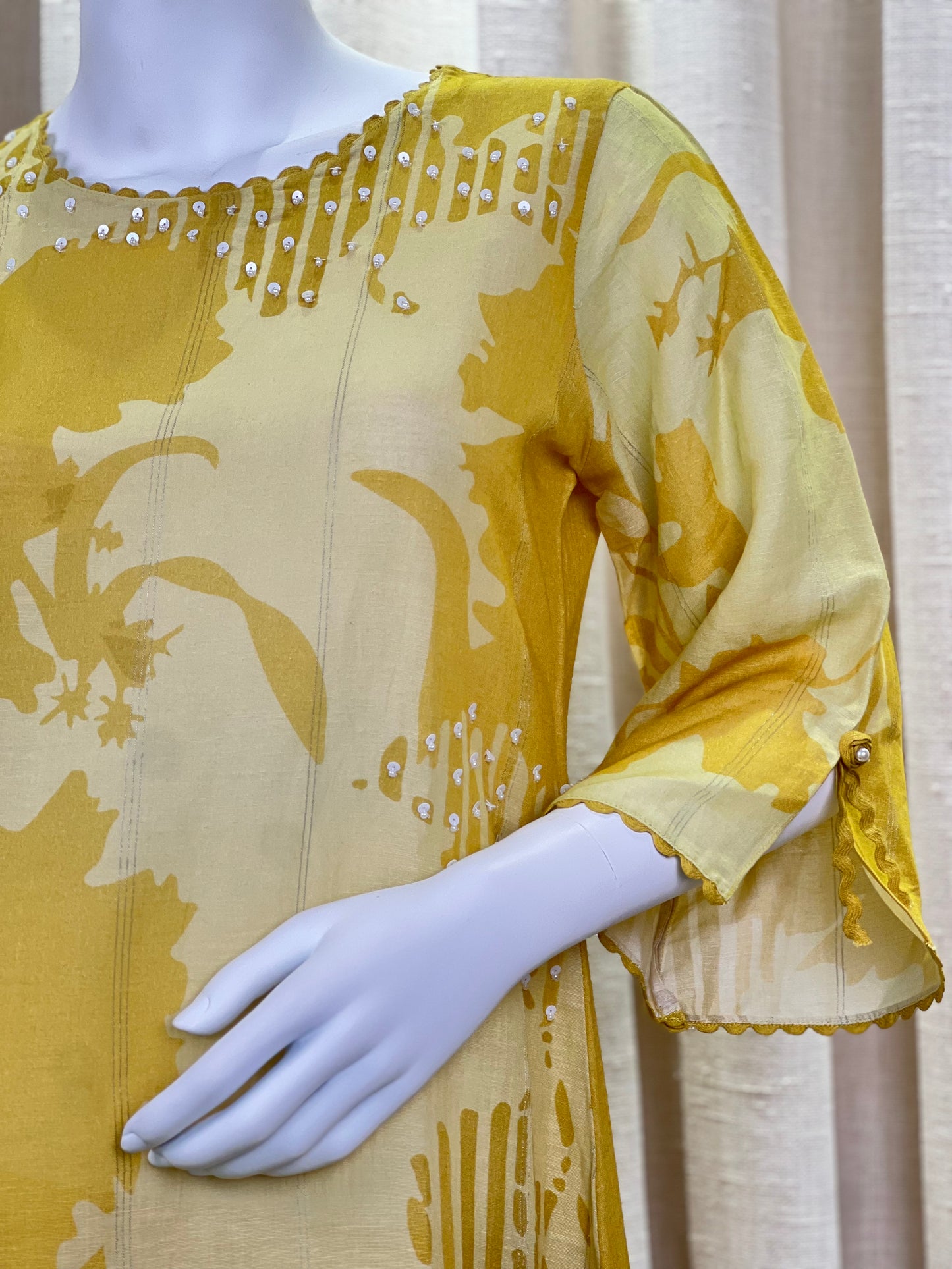 Mustard Yellow & Cream Abstract Print Cotton Kurta Set