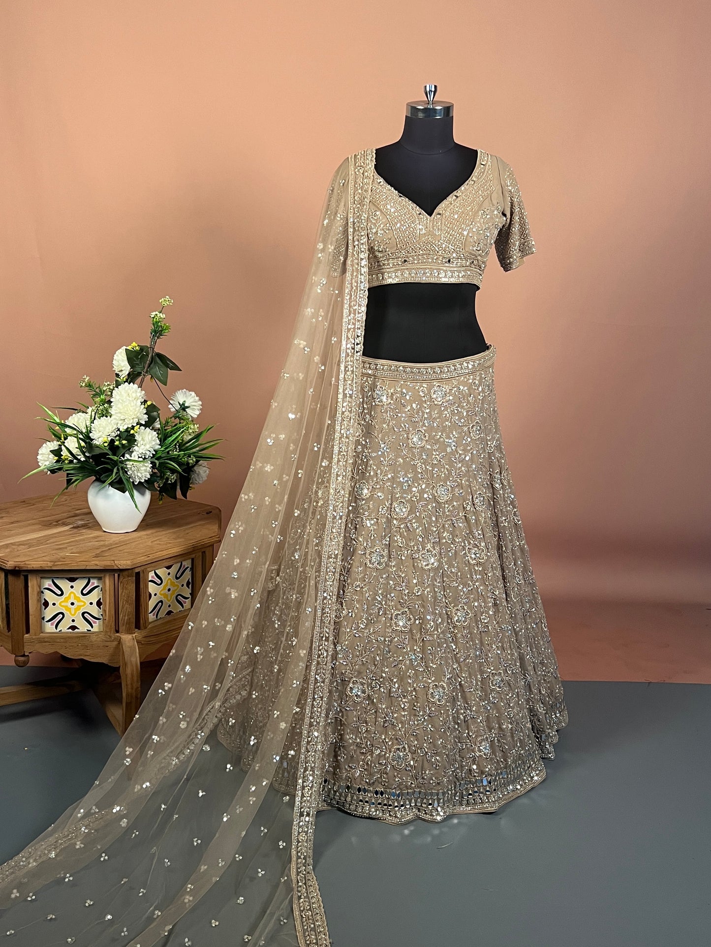 Muted Gold Embroidered Lehenga with Floral Sequin Detailing