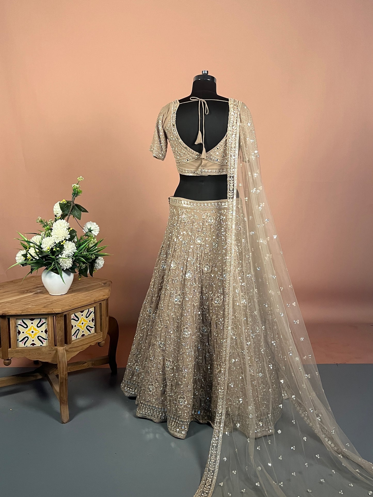 Muted Gold Embroidered Lehenga with Floral Sequin Detailing