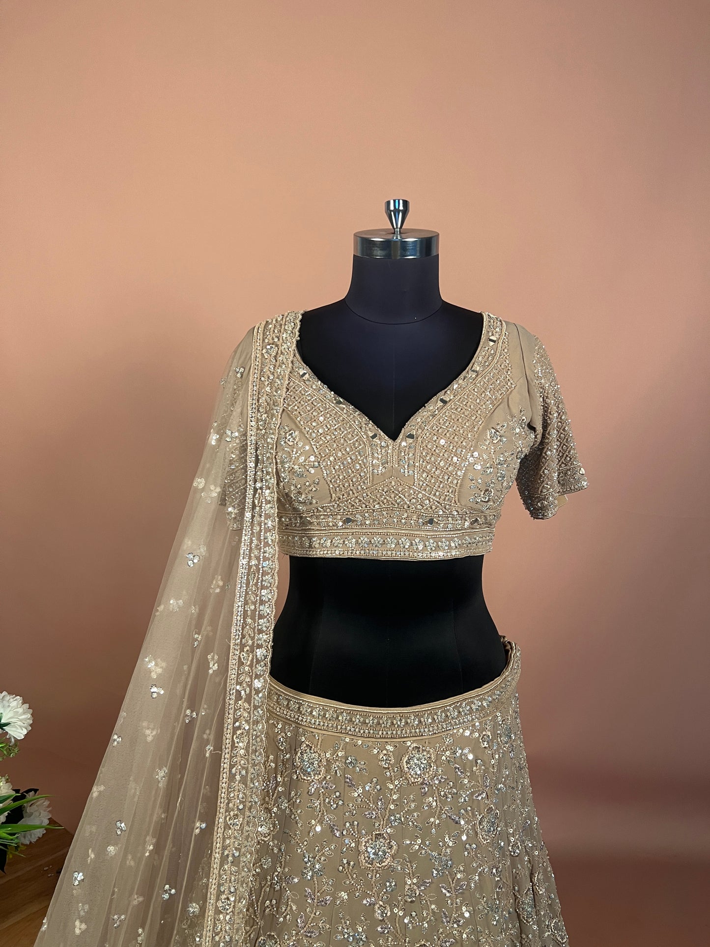 Muted Gold Embroidered Lehenga with Floral Sequin Detailing