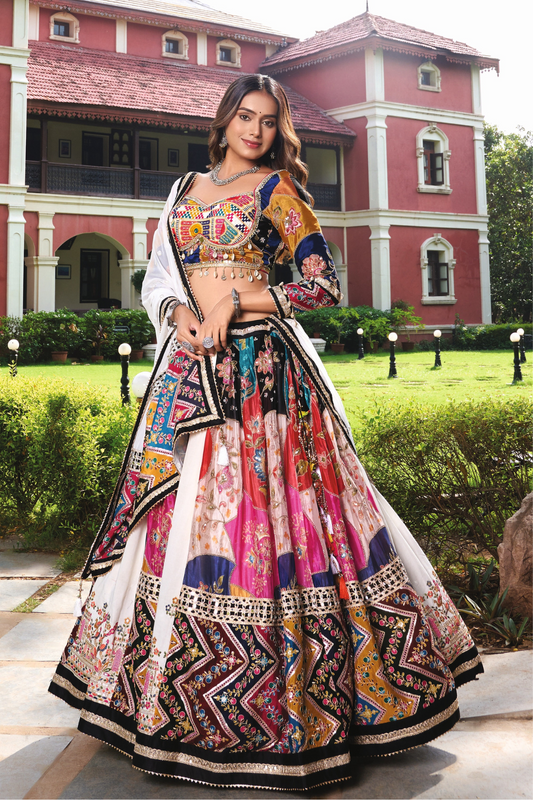 Navratri Special Multicolor Chaniya Choli with White Sanpada Work
