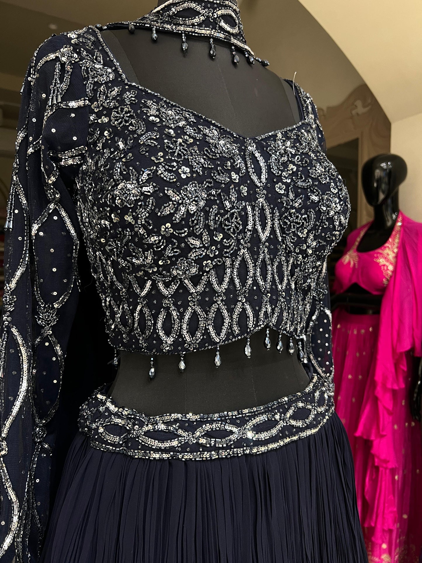 Navy Blue Embellished Crop Top with Tiered Pleated Skirt