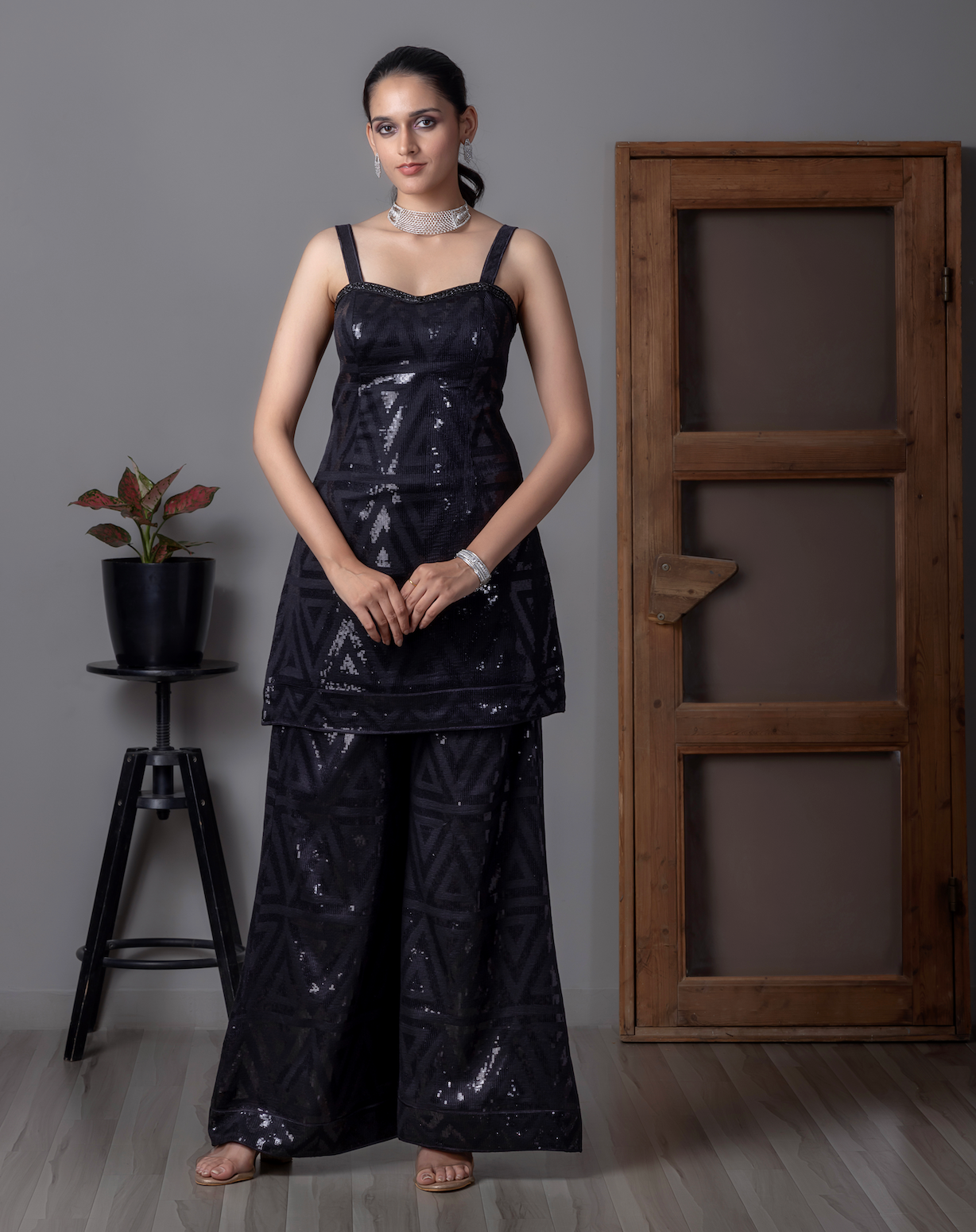 Navy Blue Embellished Straight Kurta Sharara Set