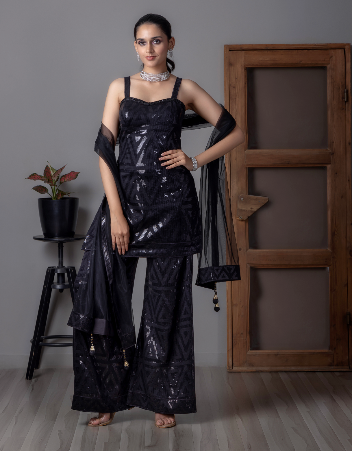 Navy Blue Embellished Straight Kurta Sharara Set