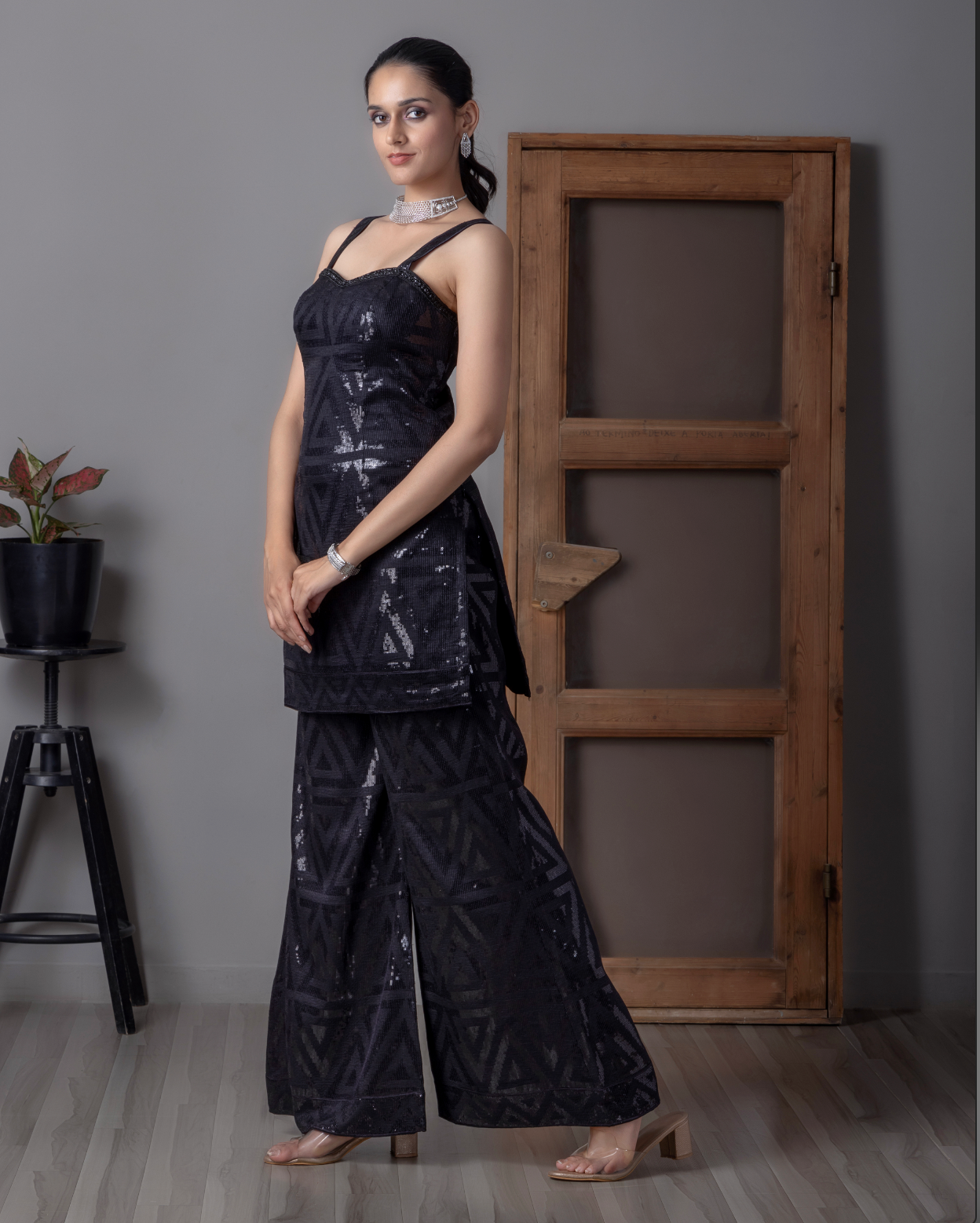 Navy Blue Embellished Straight Kurta Sharara Set