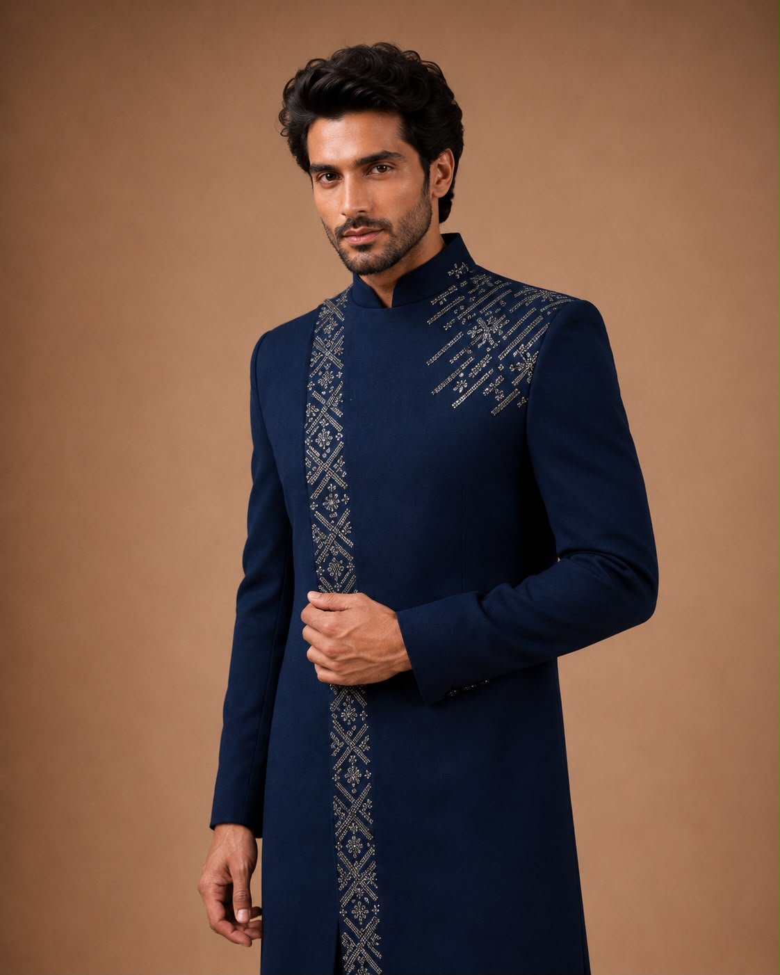Navy Blue Embroidered Indo Western Set for Men with Designer Thread Work
