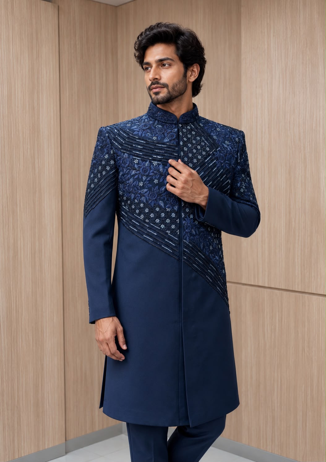 Navy Blue Embroidered Indo Western with Asymmetric Design and Floral Threadwork