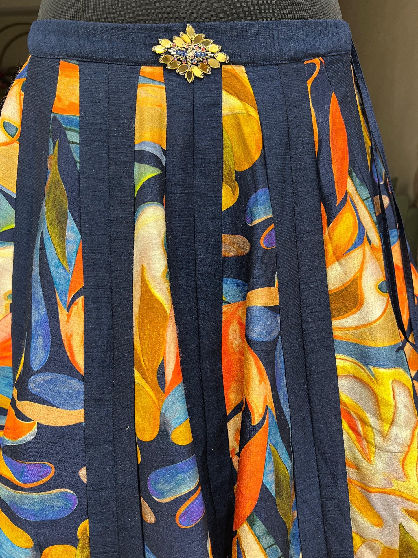 Navy Blue Floral Printed Lehenga Set with Embroidered Blouse and Jacket