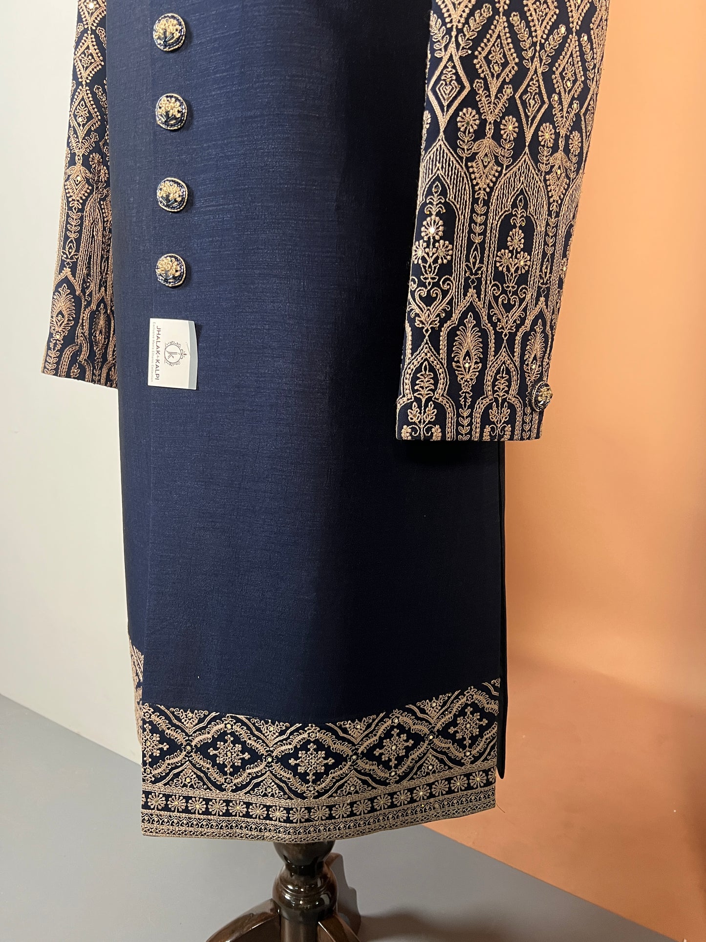 Navy Blue Indo-Western with Detailed Beige Embroidered Sleeves