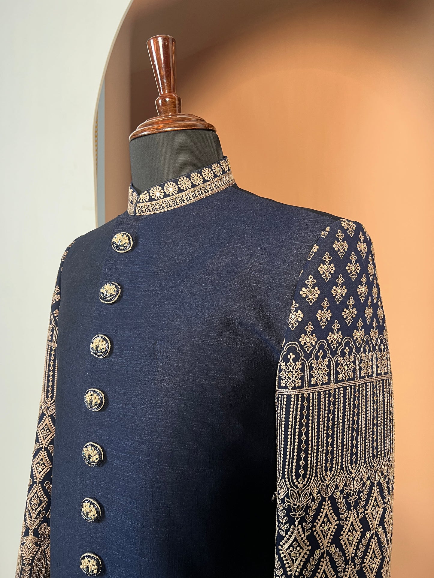 Navy Blue Indo-Western with Detailed Beige Embroidered Sleeves