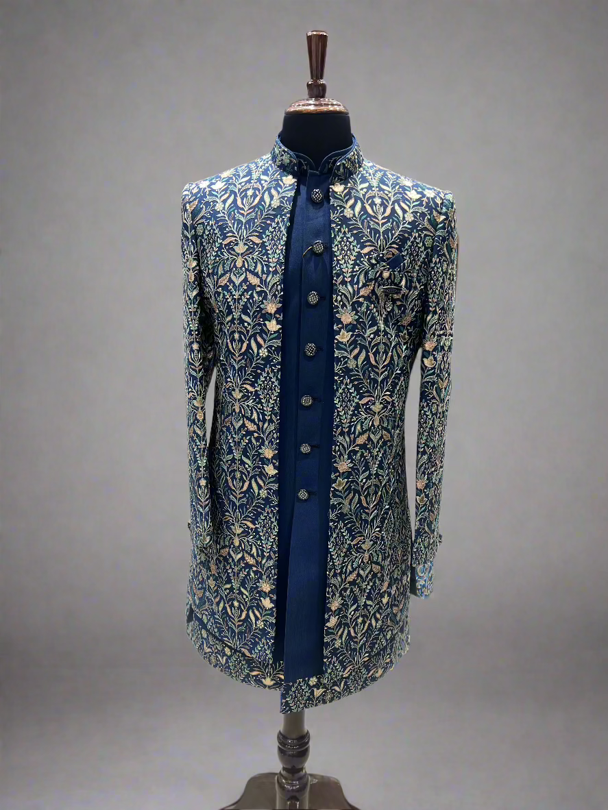 Navy Blue Indo-Western with Floral Zari Embroidery