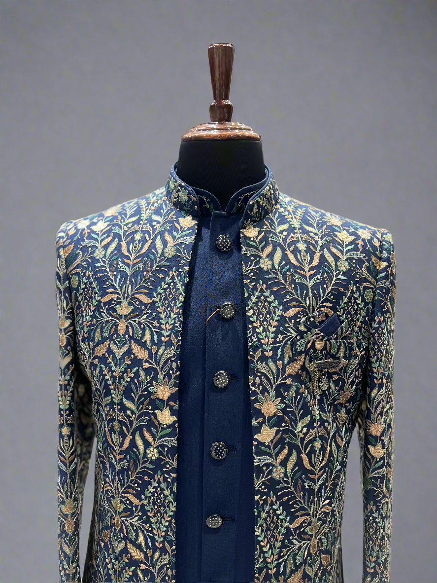 Navy Blue Indo-Western with Floral Zari Embroidery