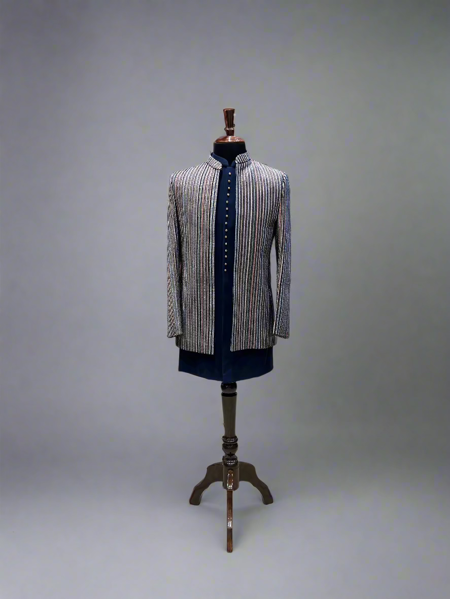 Navy Blue Indo-Western with Multicolor Vertical Sequin Embroidery