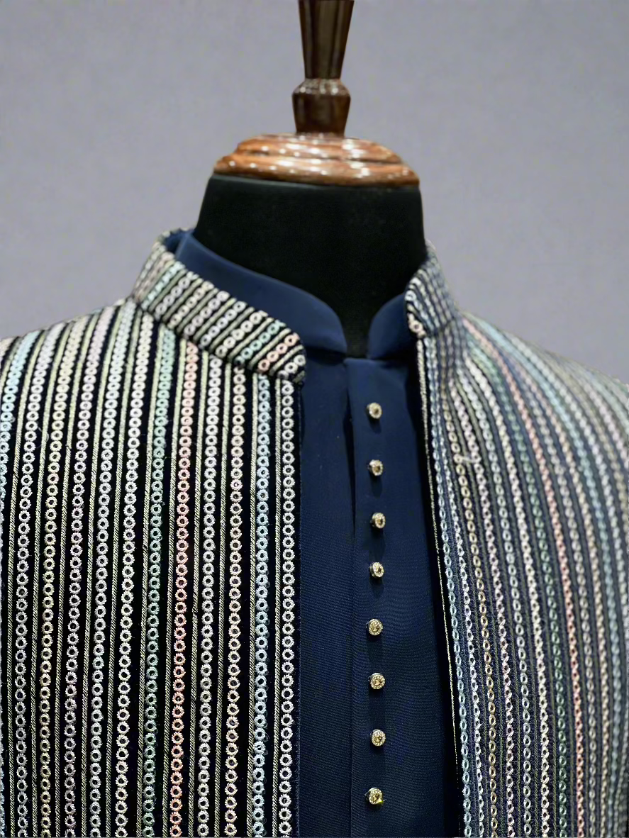 Navy Blue Indo-Western with Multicolor Vertical Sequin Embroidery