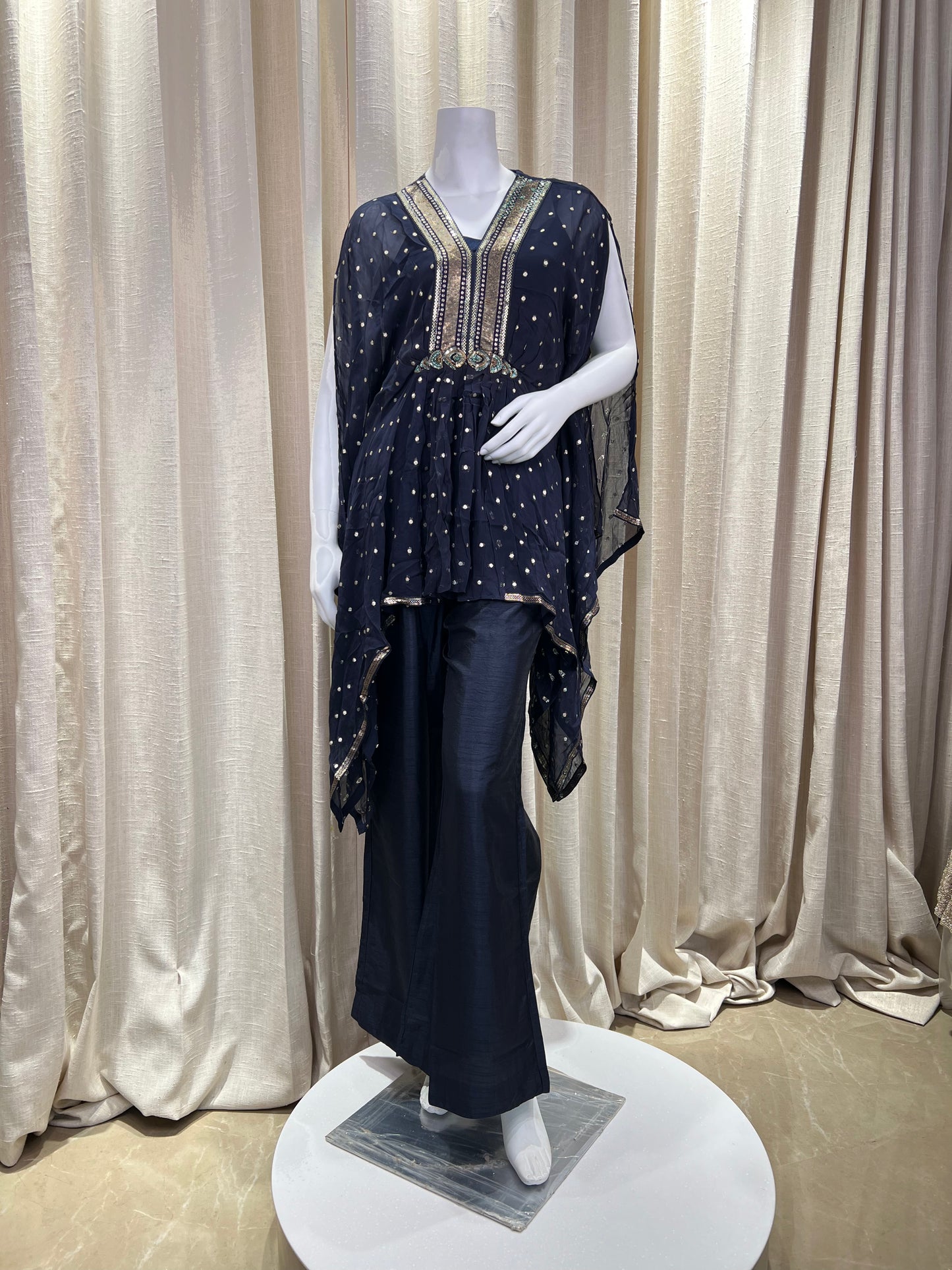 Navy Blue Kaftan-Style Kurti Set with Sequin Embellishment