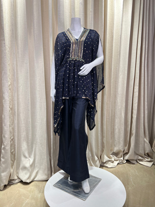 Navy Blue Kaftan-Style Kurti Set with Sequin Embellishment
