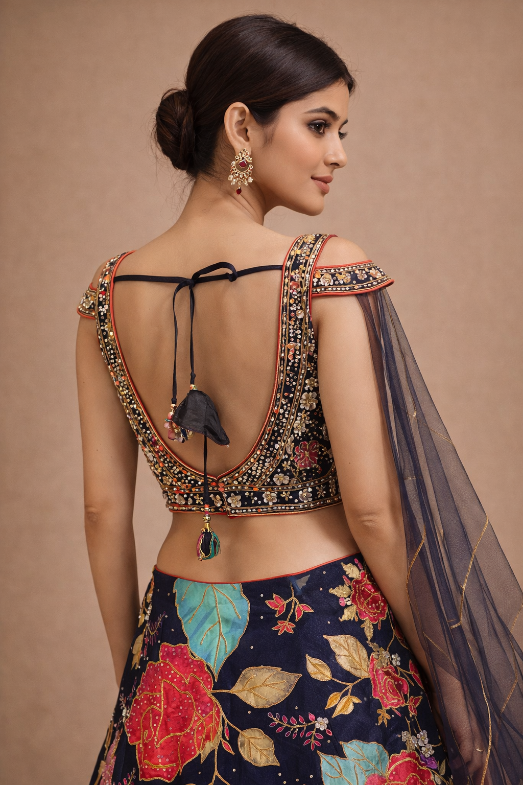Navy Blue Multicolor Floral Embroidered Designer Lehenga Choli with Mirror Work Blouse & Net Dupatta