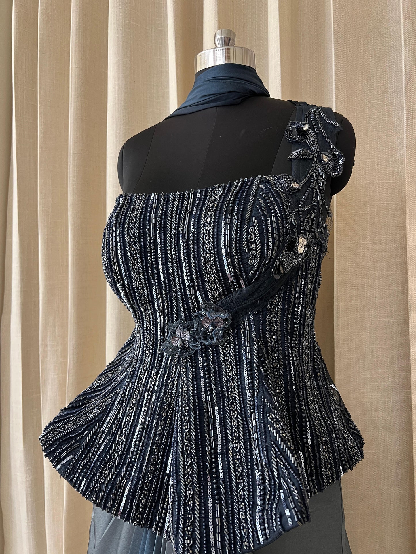 Navy Blue Ombre Drape Gown with Sequined Corset Blouse