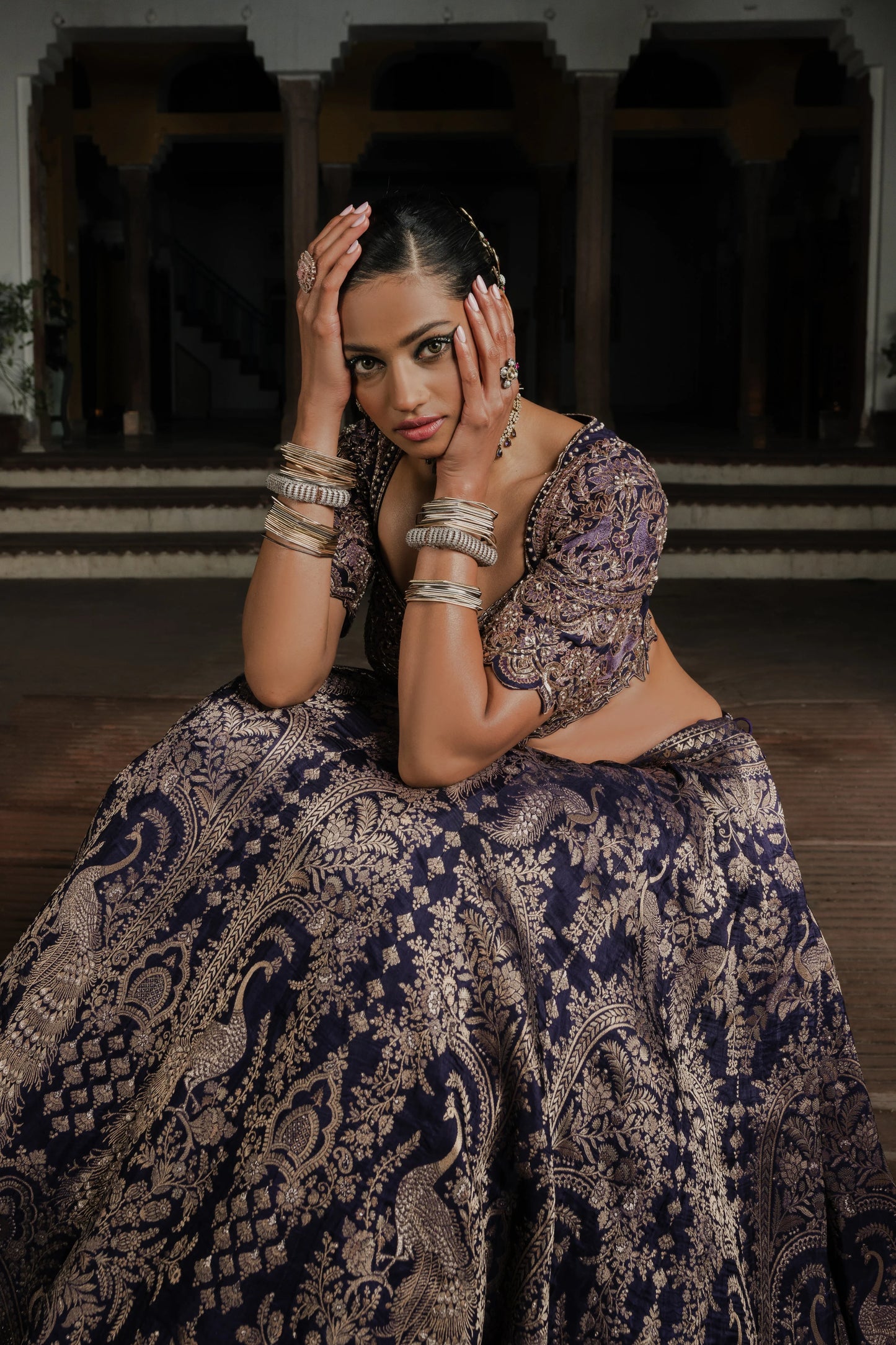 Navy Blue Silk Lehenga with Antique Zardosi and Resham Work