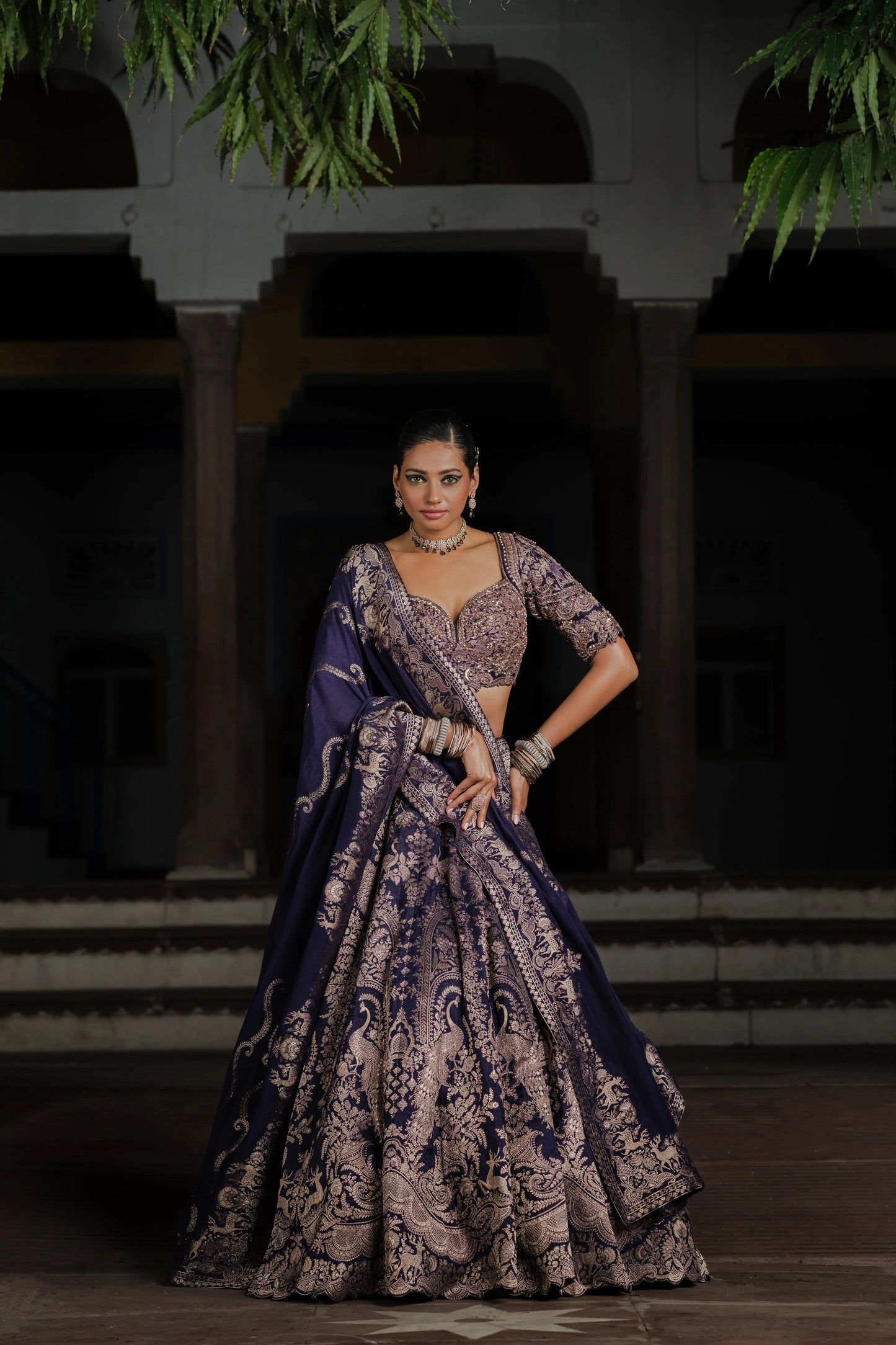 Navy Blue Silk Lehenga with Antique Zardosi and Resham Work