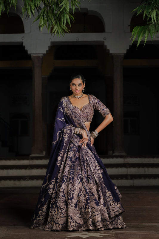 Navy Blue Silk Lehenga with Antique Zardosi and Resham Work
