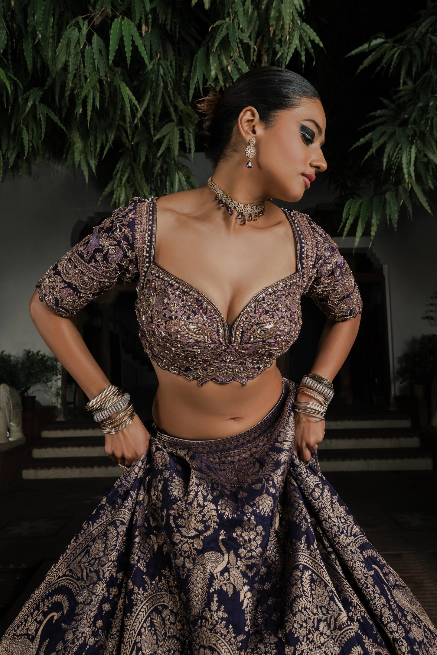 Navy Blue Silk Lehenga with Antique Zardosi and Resham Work