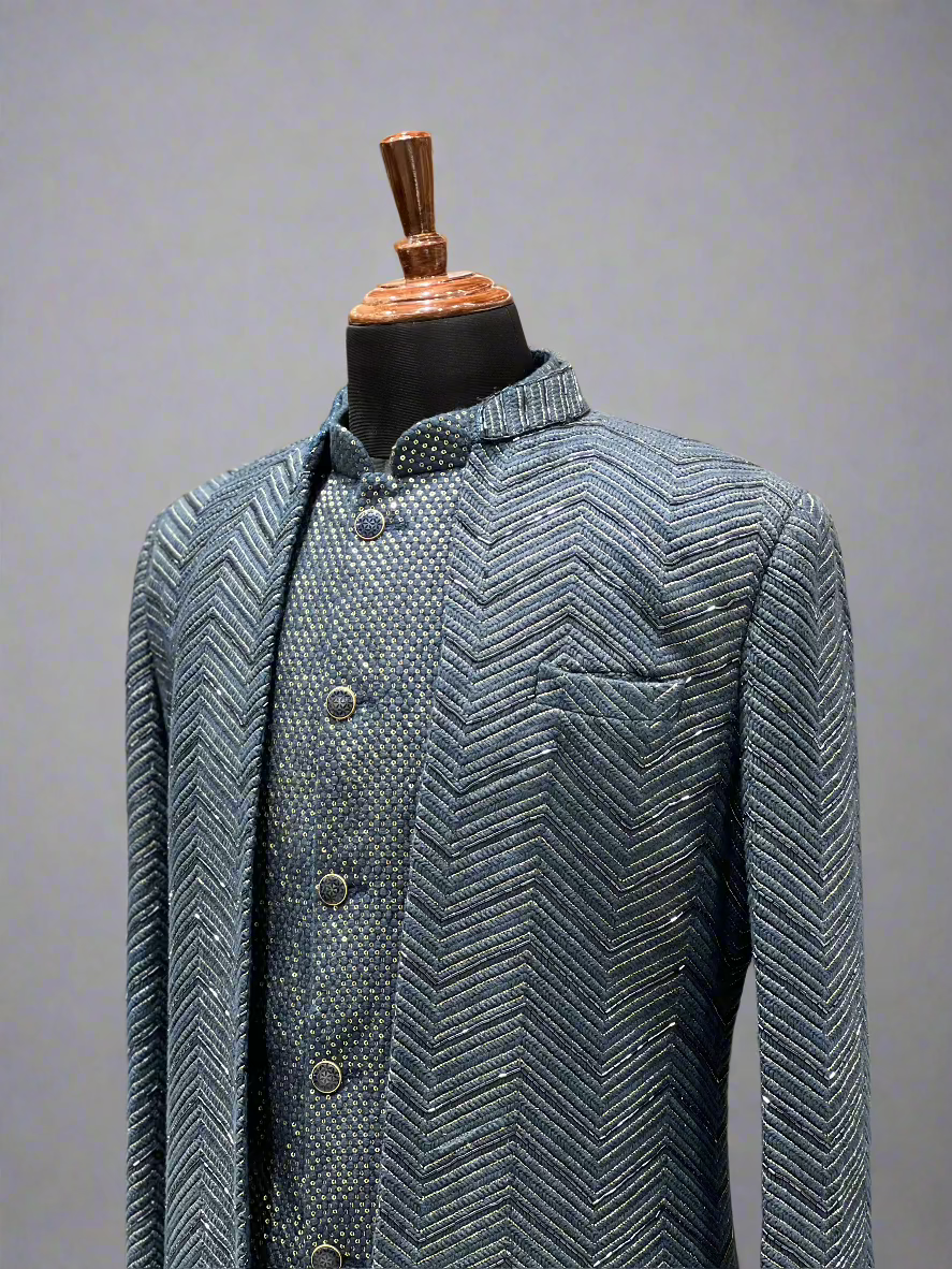 Navy Blue Textured Indo-Western with Zig-Zag Weave