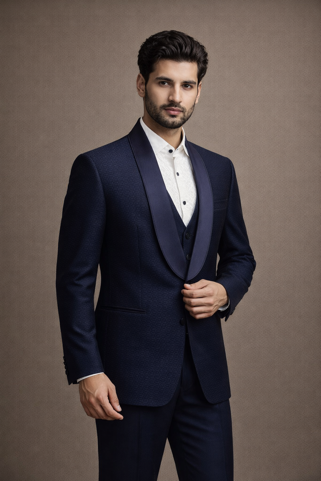 Navy Blue Textured Tuxedo Suit