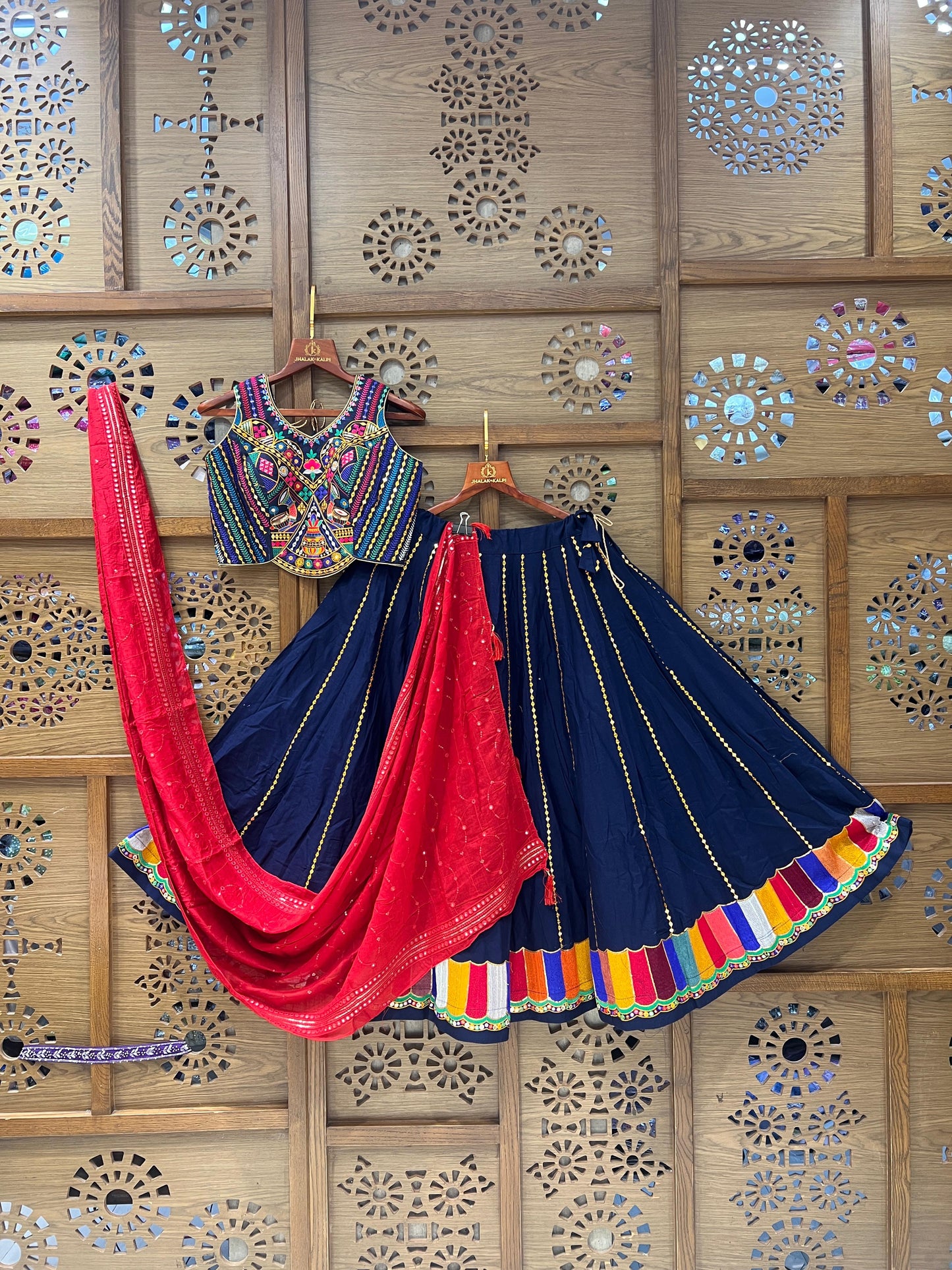 Navy Blue & Red Multicolor Embroidered Chaniya Choli