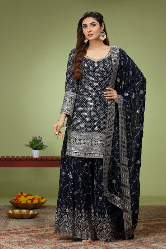 Navy Blue Embroidered Patiala Kurti and Sharara set